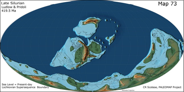 Reconstruction of the distribution of continents during the Late Silurian, about 419 million years ago. 